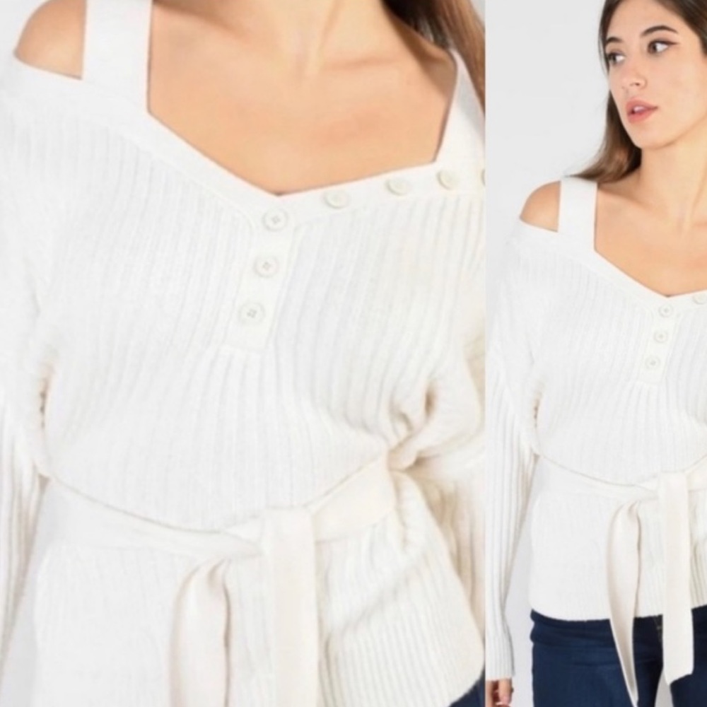 Derek Lam 10 Crosby Cold Shoulder Ribbed Knit Sweater in Ivory